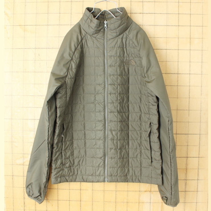 THE NORTH FACE ノースフェイス THERMOBALL 中綿キルティングジャケット カーキ グリーン メンズS ジップアップ アメリカ古着