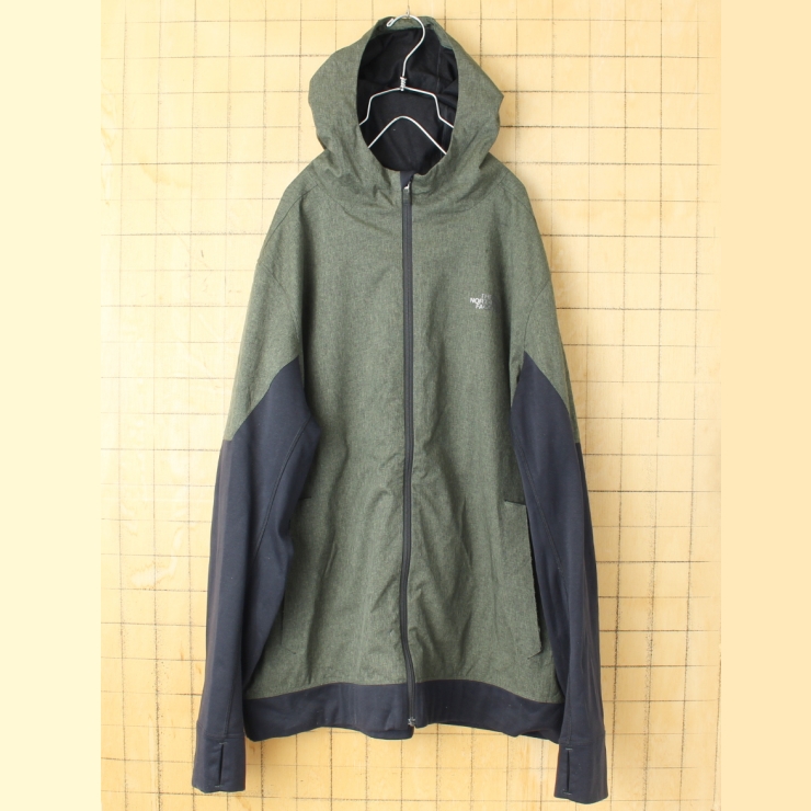 THE NORTH FACE ノースフェイス ソフトシェルジャケット カーキ グリーン メンズXL ジップアップ フード アメリカ古着