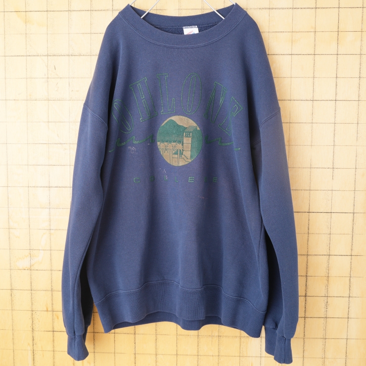 80s 90s USA製 JERZEES ジャージーズ OHLONE COLLEGE プリントスウェット ネイビーブルー メンズL アメリカ古着