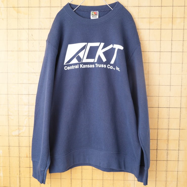 90s 00s USA Fruit of the Loom プリントスウェット ネイビー メンズM アメリカ古着