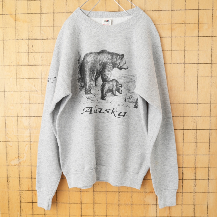 80s 90s USA製 Fruit of the Loom Alaskaプリントスウェット グレー メンズL クマ アメリカ古着