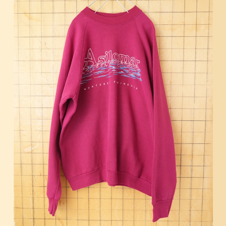 80s 90s USA製 Fruit of the Loom Asilomar MONTEREY PENINSULAプリントスウェット レッド メンズXL アメリカ古着