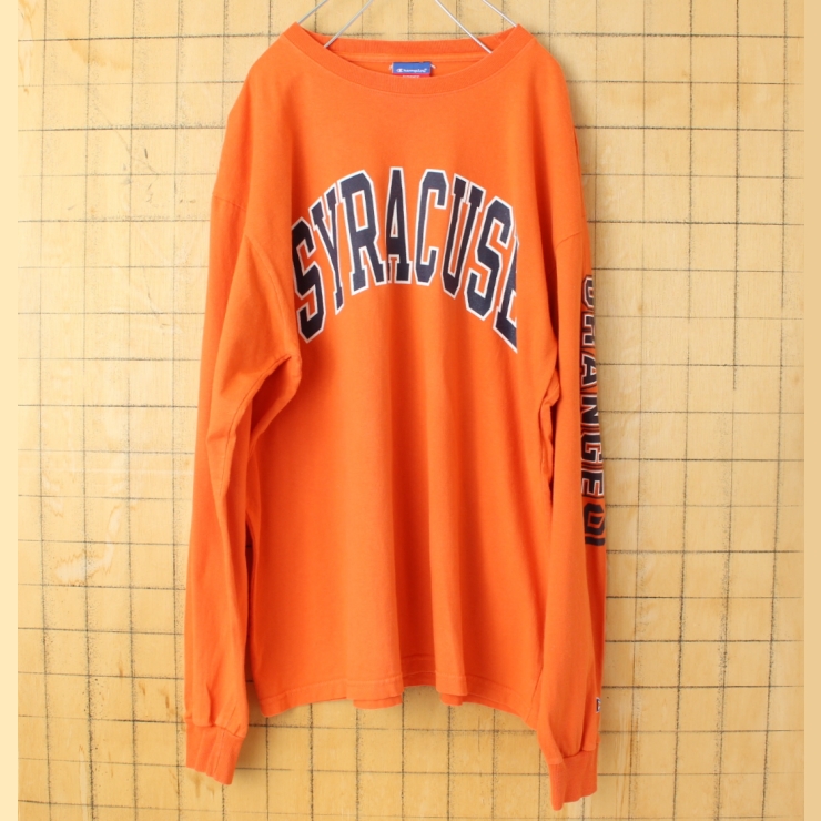 90s 00s USA champion チャンピオン SYRACUSE プリント長袖Tシャツ オレンジ メンズL ロンT アメリカ古着