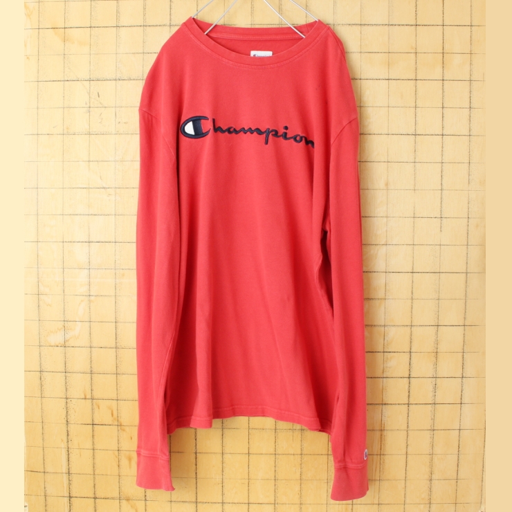 00s USA champion チャンピオン ロゴ刺繍長袖Tシャツ レッド メンズL ロンT アメリカ古着