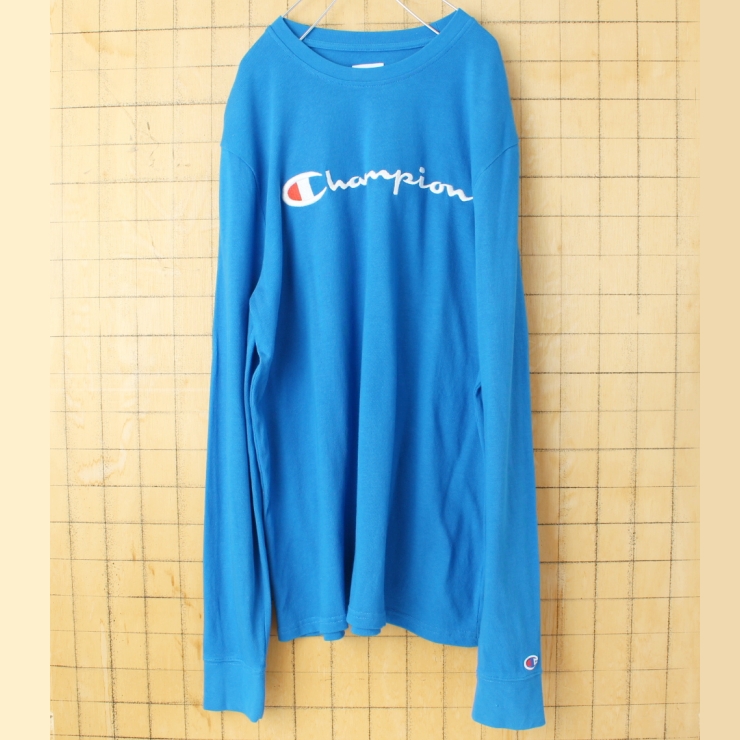 00s USA champion チャンピオン ロゴ刺繍長袖Tシャツ ブルー メンズL ロンT アメリカ古着