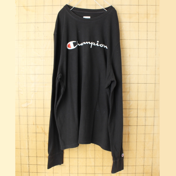 ビッグサイズ 00s USA champion チャンピオン ロゴ刺繍長袖Tシャツ ブラック メンズXXL ロンT アメリカ古着