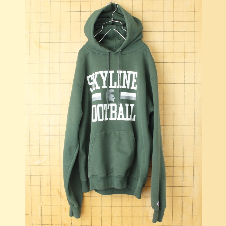 00s USA champion チャンピオン SKYLINE FOOTBALL スウェット パーカー グリーン メンズM フーディー アメリカ古着