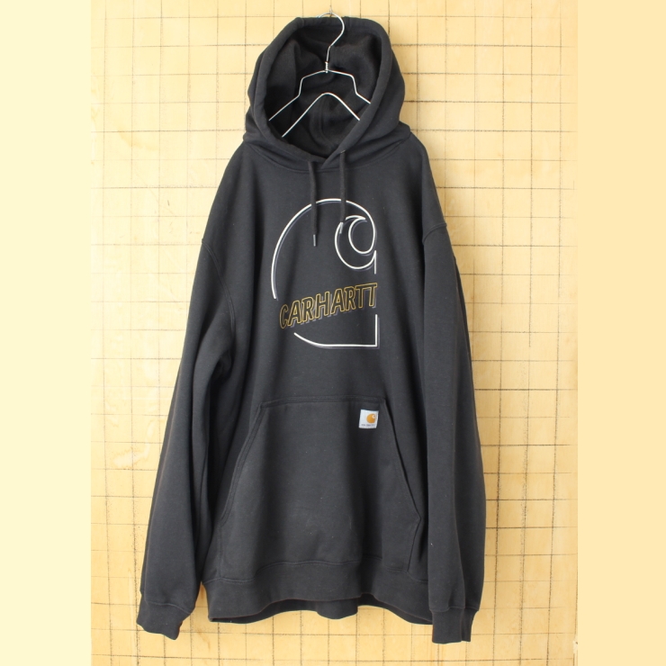 ビッグサイズ USA carhartt カーハート スウェットパーカー ブラック メンズXL フーディー プリント アメリカ古着