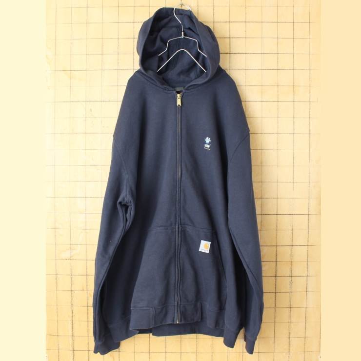 ビッグサイズ USA carhartt カーハート ジップアップスウェットパーカー ネイビー メンズXL フーディー プリント アメリカ古着