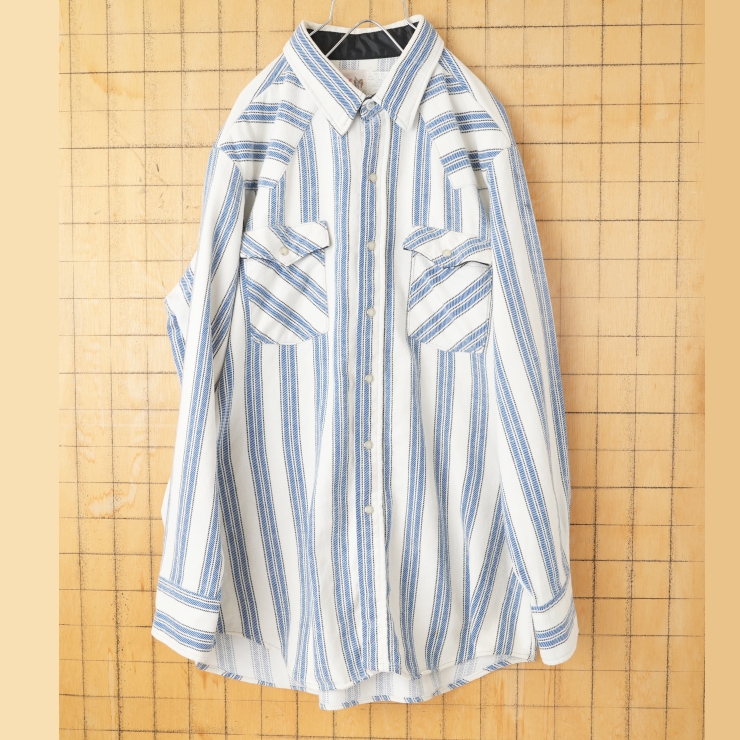 70s 80s USA製 SADDLE KING WESTERN ストライプウエスタンシャツ ブルー メンズXL 長袖 アメリカ古着