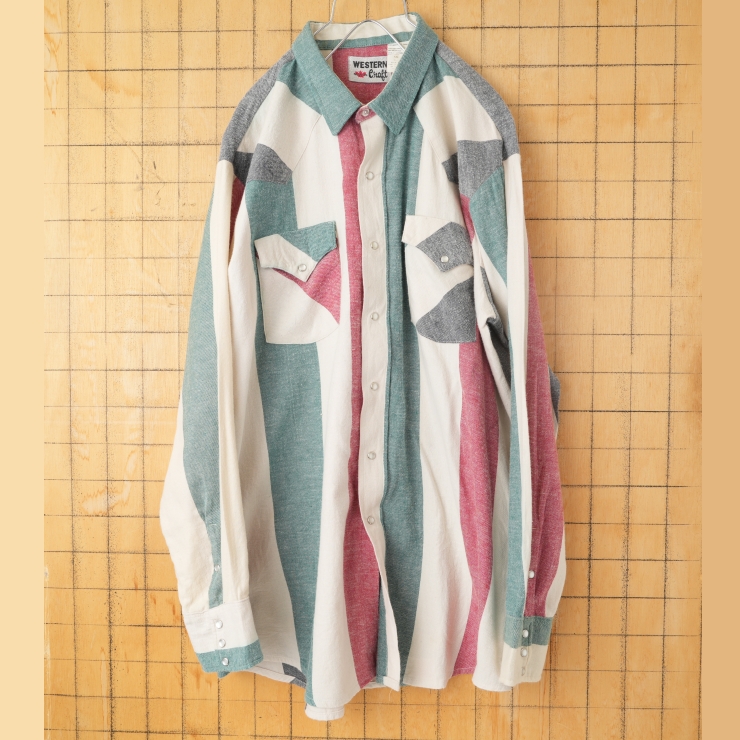 ビッグサイズ 80s 90s CANADA製 NWG WESTERN Craft ストライプウエスタンシャツ グリーン レッド メンズ2XL相当 長袖 アメリカ古着