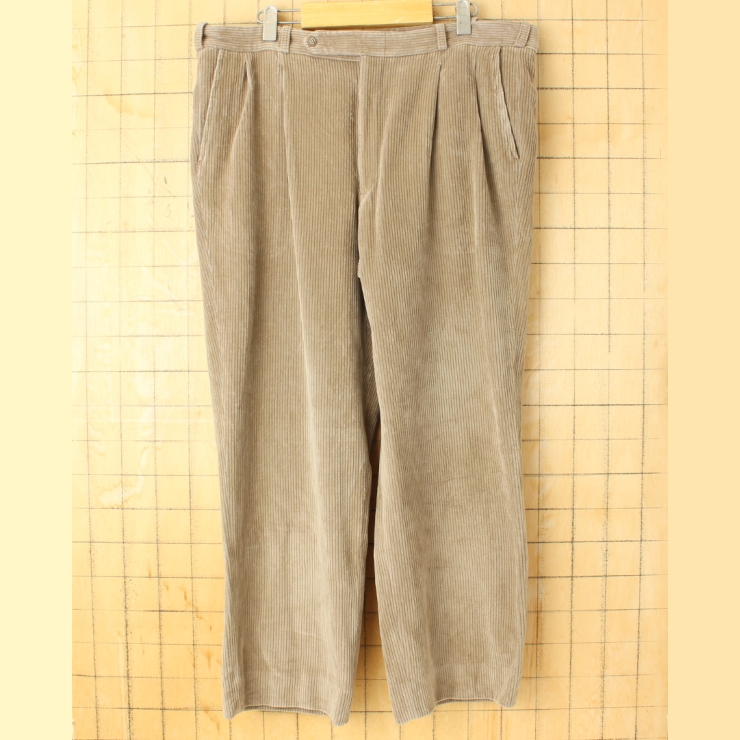 70s 80s USA SANSABELT 2タック 太畝コーデュロイワイドパンツ ベージュ W37相当 アメリカ古着