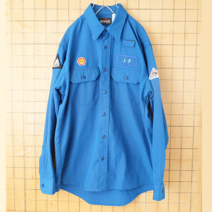 90s 00s USA Bulwark Shell ワークシャツ ブルー メンズL 長袖 ワッペン アメリカ古着