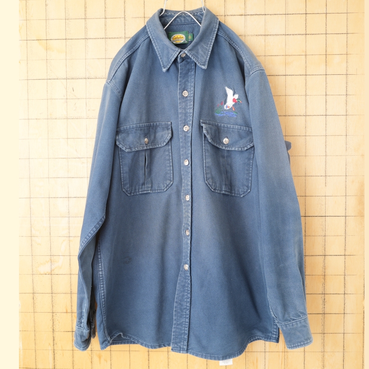 90s 00s USA製 Cabela's カモ刺繍 コットンシャモアクロスシャツ ネイビーブルー メンズL 長袖 アメリカ古着