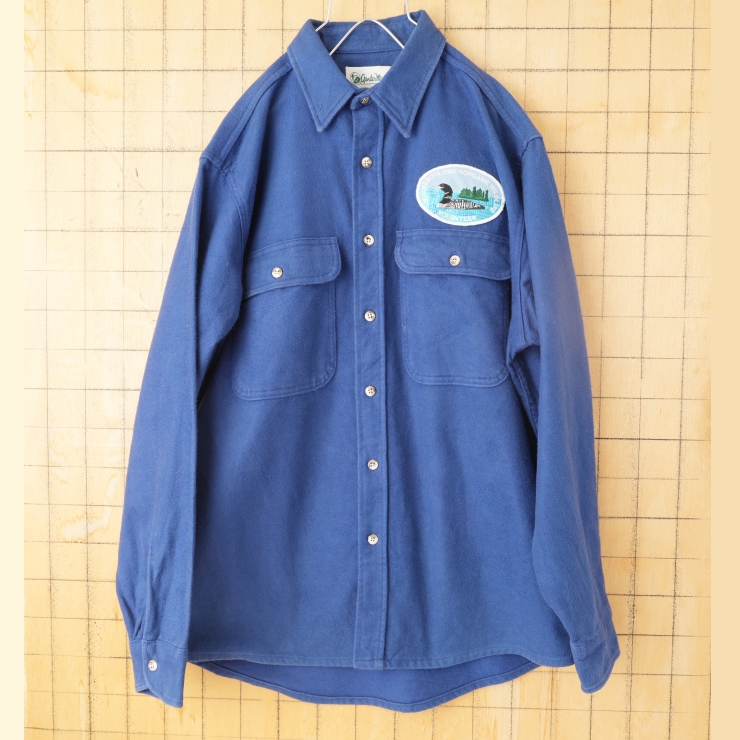 90s 00s USA製 Garden Mountain カモワッペン コットンシャモアクロスシャツ ブルー メンズL 長袖 アメリカ古着