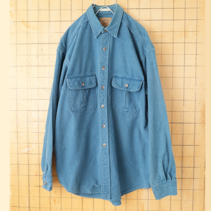 90s USA ST JOHN'S BAY コットンシャモアクロスシャツ ブルー メンズL 長袖 アウトドア アメリカ古着