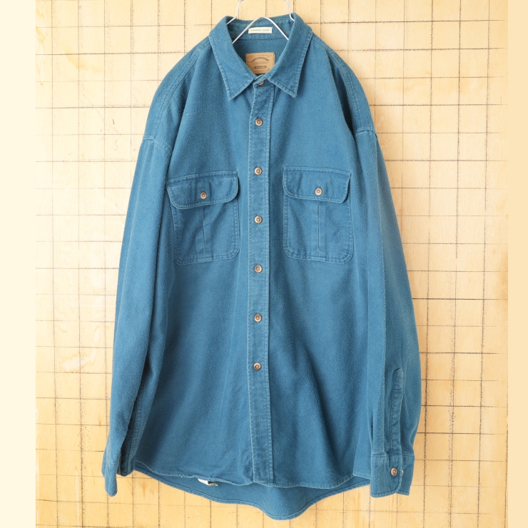 90s USA ST JOHN'S BAY コットンシャモアクロスシャツ ブルー メンズXL 長袖 アウトドア アメリカ古着