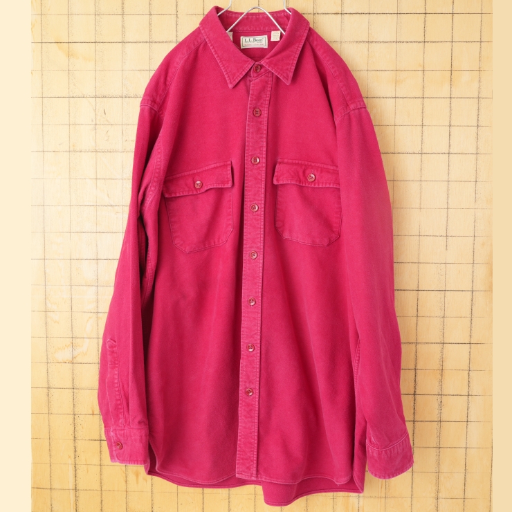 80s 90s USA製 LLBean コットンシャモアクロスシャツ レッド メンズXL相当 長袖 アメリカ古着