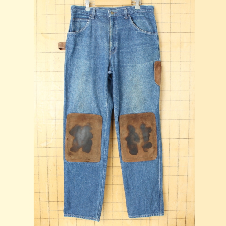 80s 90s USA Jaque Dubois レザーパッチ デニムペインターパンツ ブルージーンズ W34 アメリカ古着