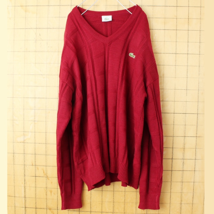 90s フランス製フレンチラコステ LACOSTE ウール ニット セーター Vネック ボルドー レッド メンズL相当 ヨーロッパ古着