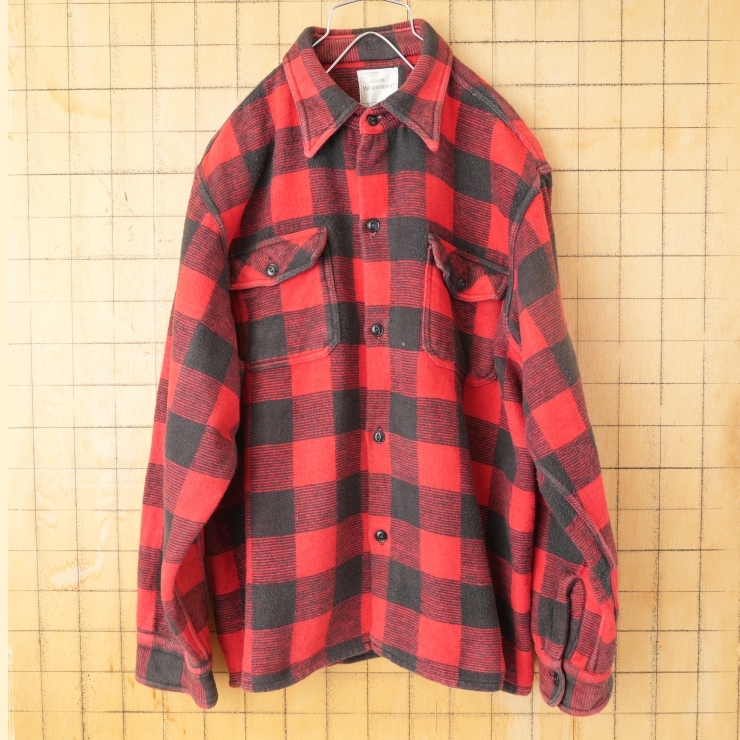 80s 90s USA Sears Weathermaster ヘビーフランネルチェックシャツ レッド ブラック メンズL 長袖 アウトドア アメリカ古着