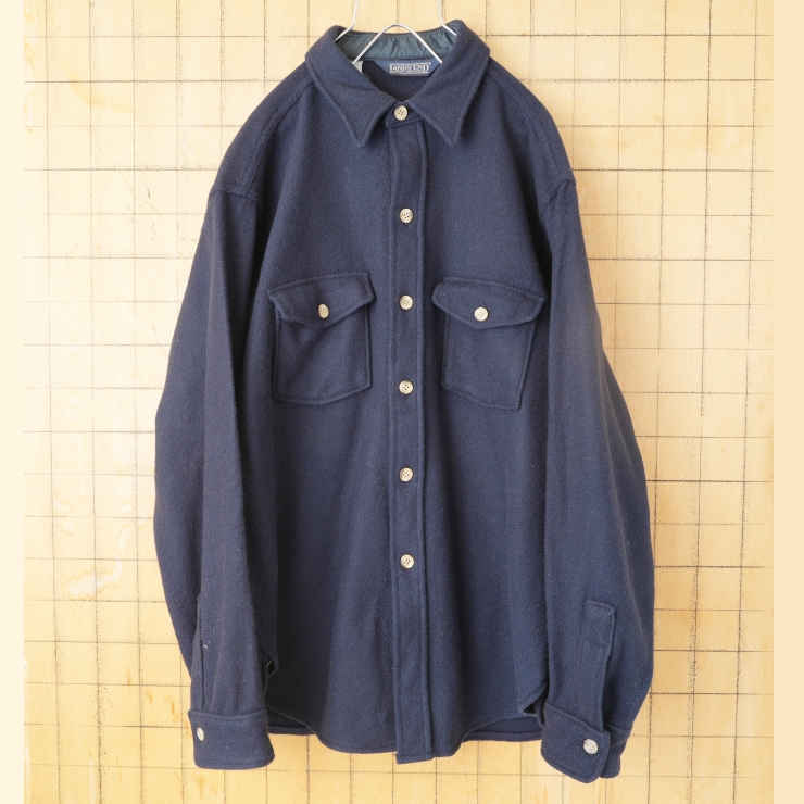 80s 90s USA製 LANDS'END ウールシャツ ネイビー メンズL 長袖 アウトドア アメリカ古着