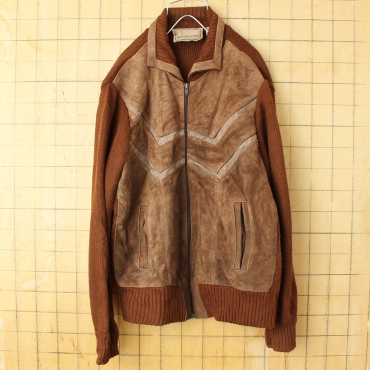 70s 80s USA Richman ジップアップ アクリルニット スウェード レザー カーディガン ブラウン メンズM アメリカ古着