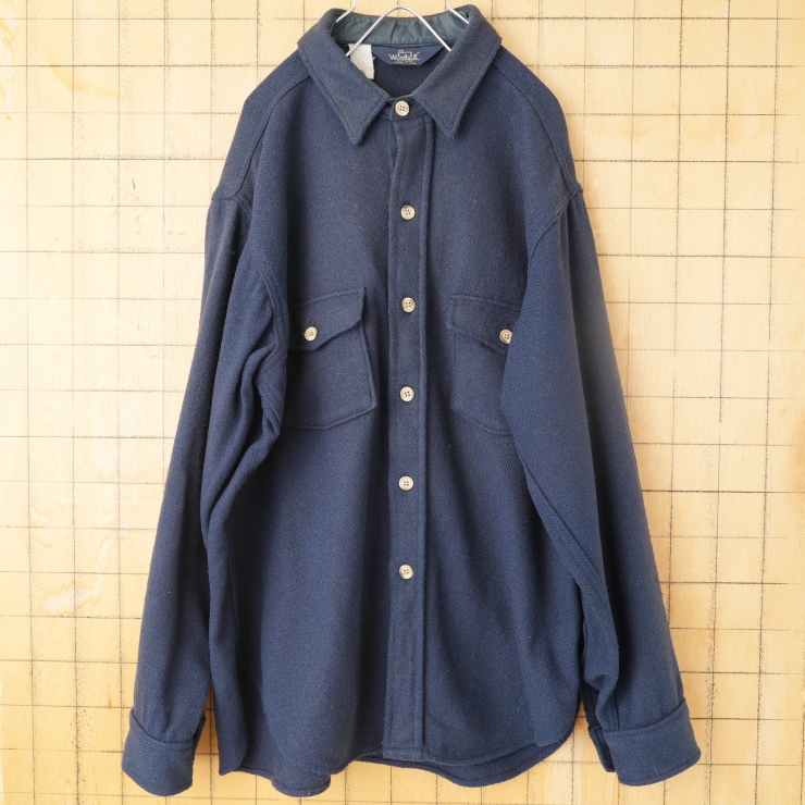 80s 90s USA製 Woolrich ウールシャツ ネイビー メンズL相当 長袖 アウトドア アメリカ古着