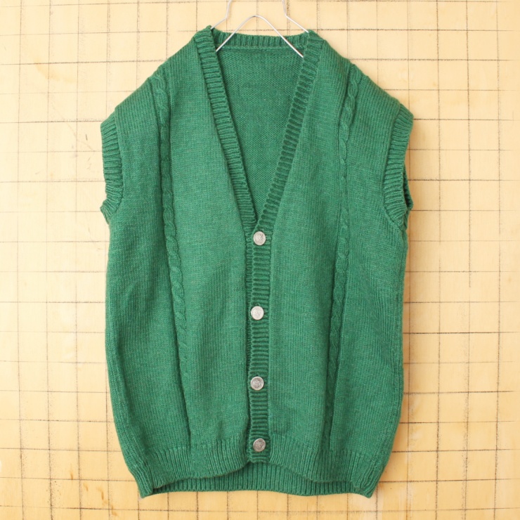 70s 80s EURO ケーブル編み ウール ニット 前開き ベスト グリーンメンズL相当 ヨーロッパ古着