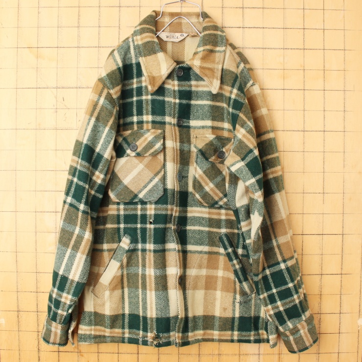 70s 80s USA Woolrich ウール チェック シャツ ジャケット メンズM 長袖 グリーン アウトドア アメリカ古着