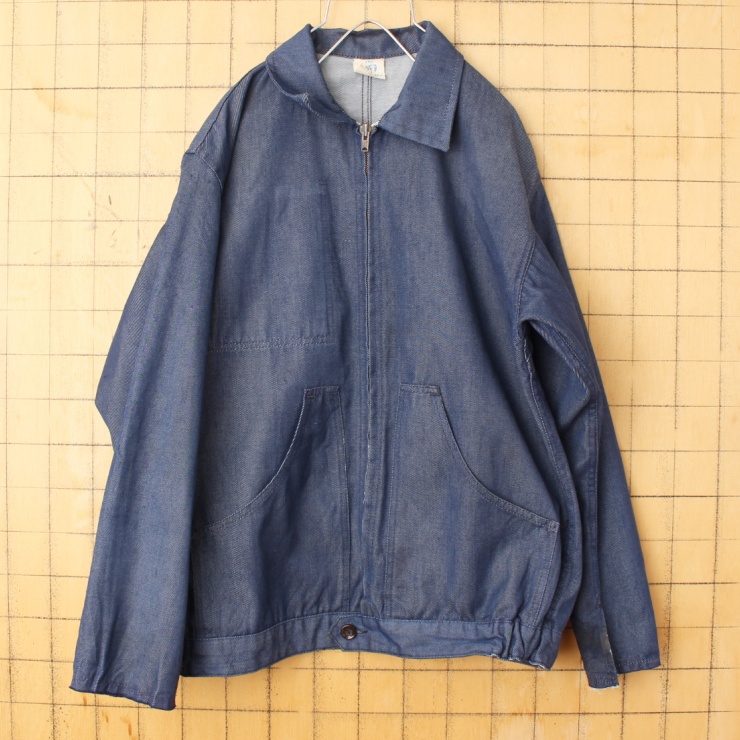 70s 80s EURO magasins bleus デニム ジップアップ ワーク ジャケット カバーオール メンズM相当 ネイビー ブルー ヨーロッパ古着