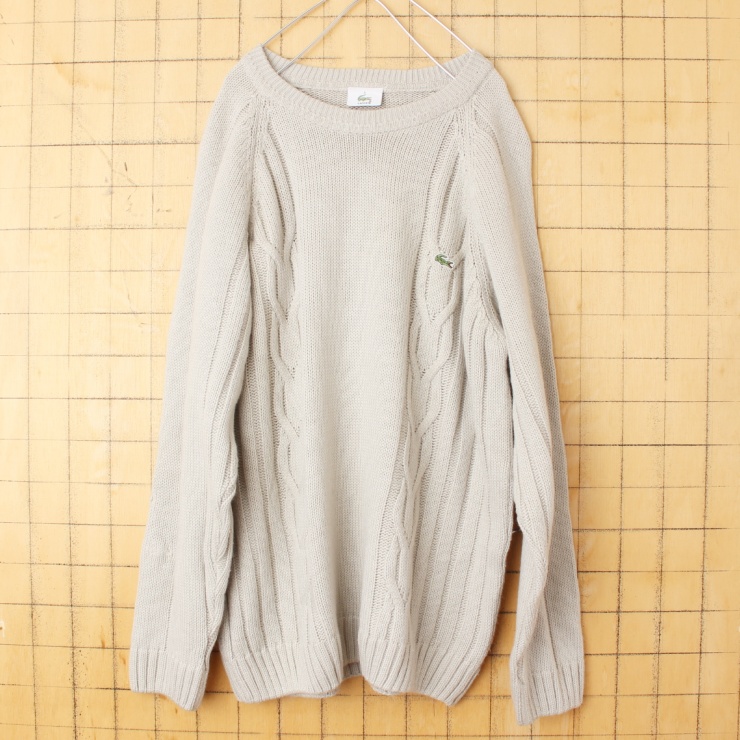 90s フレンチ ラコステ LACOSTE ウール ニット セーター クルーネック ベージュ メンズL相当 ヨーロッパ古着