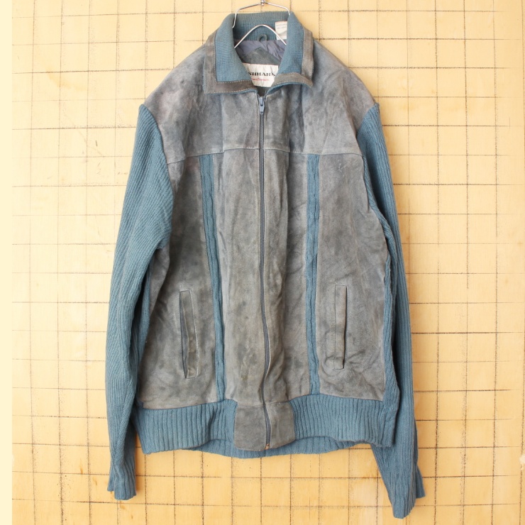 70s 80s USA OSHMAN’S Sportswear ジップアップ アクリルニット スウェード レザー カーディガン ジャケット ブルー  メンズL アメリカ古着