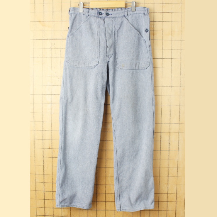 60s 70s スイス軍 ミリタリー デニム ワーク パンツ ブルーグレー W34相当 アウトドア ヨーロッパ古着