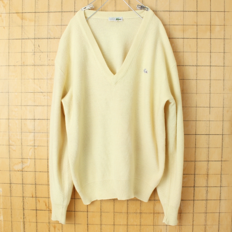 70s 80s フランス製フレンチラコステ LACOSTE ウールニットVネックセーター イエロー メンズL相当 ヨーロッパ古着