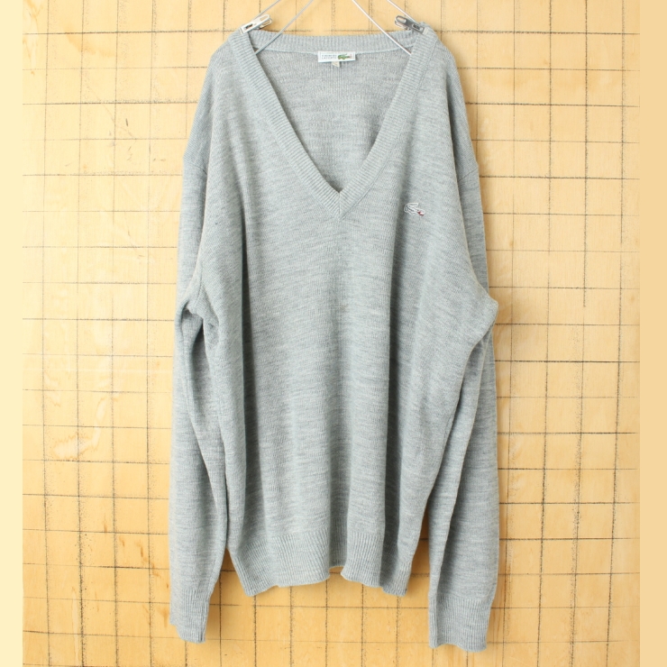 70s 80s フランス製フレンチラコステ LACOSTE ウールニットVネックセーター グレー メンズL相当 ヨーロッパ古着