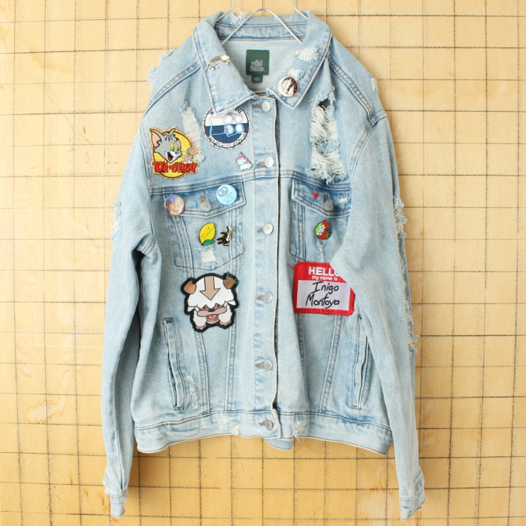 USA Wild Fable ダメージデニムジャケット レディースL ブルー ワッペン バッジ アメリカ古着
