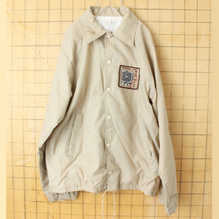 70s 80s USA製 ワッペン ナイロンコーチジャケット メンズM  ベージュ ライナー付き アメリカ古着