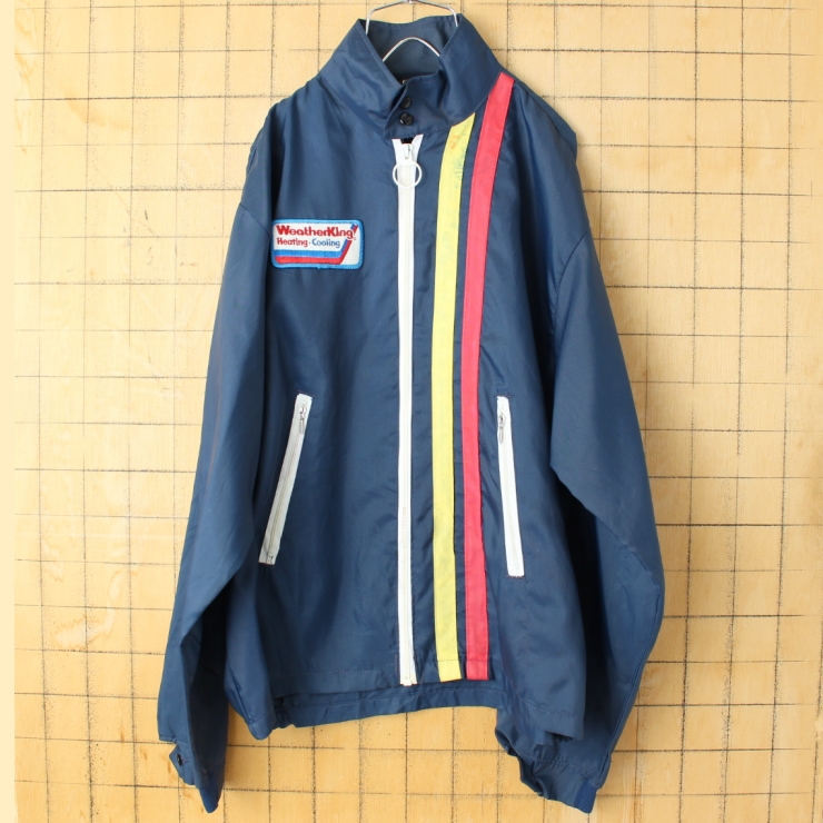 70s 80s USA製 Cap'n Jac ワッペン ナイロンレーシングジャケット メンズL ネイビー ブルー アメリカ古着