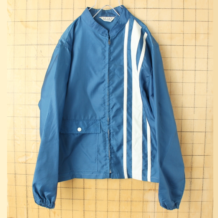 70s 80s USA製 Sir Jac ナイロンレーシングジャケット メンズL相当 ネイビー ブルー アメリカ古着