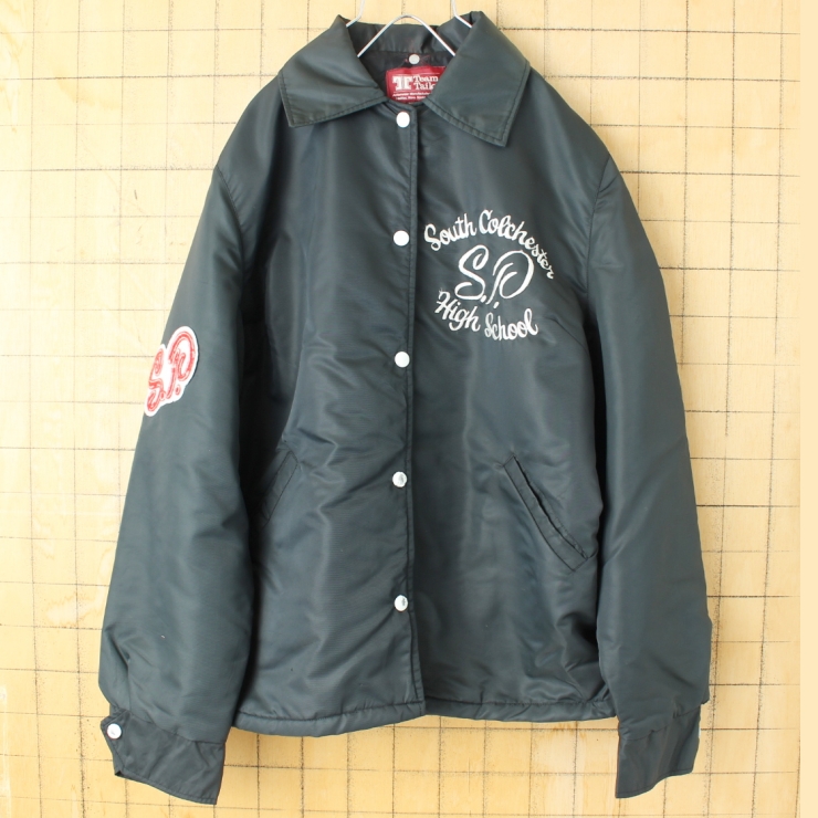 80s 90s USA製 TeamTailor 刺繍 中綿ナイロンコーチジャケット レディースL相当 メンズM相当 ブラック アメリカ古着
