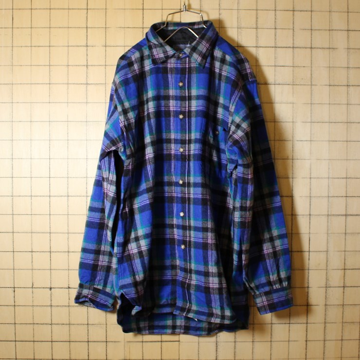 70s USA製 古着 pendleton ペンドルトン ブルー 長袖 ウール チェック シャツ メンズM エルボーパッチ