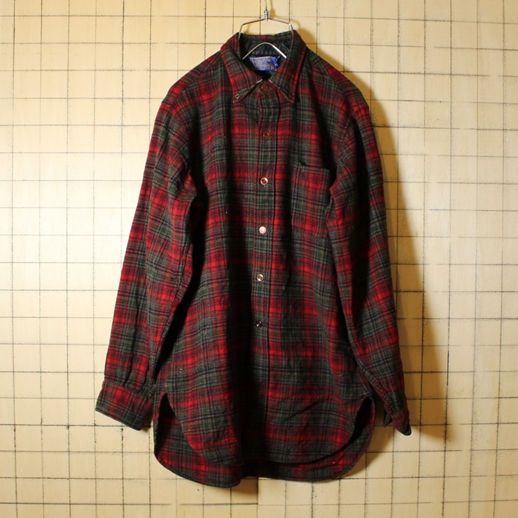 50s-60s USA製 古着 pendleton ペンドルトン レッド 長袖 ウール チェック ボタンダウンシャツ メンズSM相当 エルボーパッチ