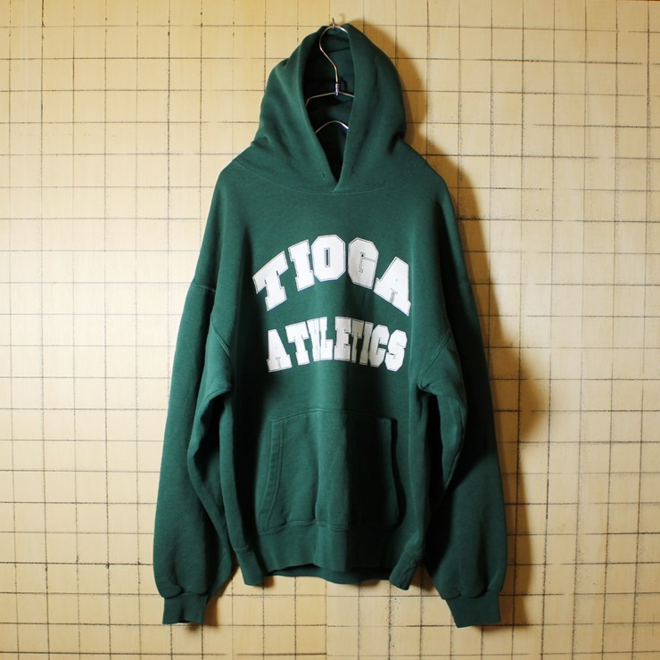 USA製 古着 プリント スウェットパーカー グリーン メンズM トレーナー TIOGA ATHLETICS SOFFE Fleece