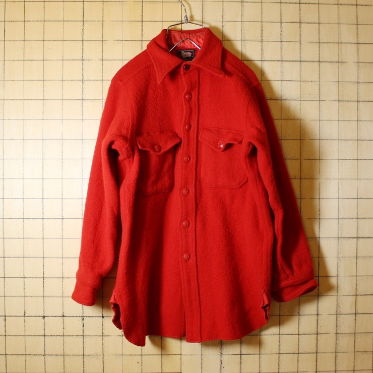 50s Woolrich USA製 古着 レッド 長袖 ウール マチ付きシャツ メンズXS相当 ウールリッチ ハンティング 黒タグ