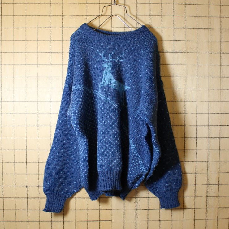 古着 ノルウェー製 クルーネック ウール100% ノルディック柄 ニット セーター メンズM相当 ブルー ヨーロッパ Fana Knit