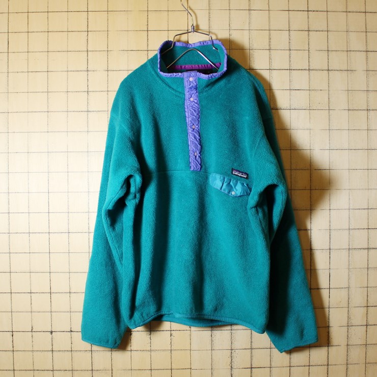 USA製 90s 古着 patagonia パタゴニア スナップT ハーフジップ フリースジャケット メンズL エメラルドグリーン