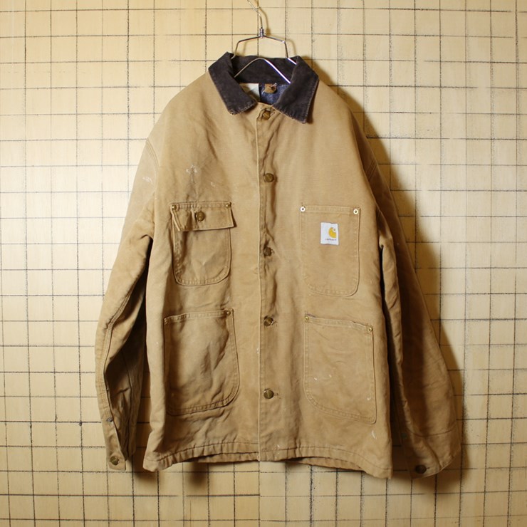 USA製 Carhartt カーハート 古着 ライトブラウン ダックジャケット 裏地ブランケット メンズL相当 カバーオール aw78