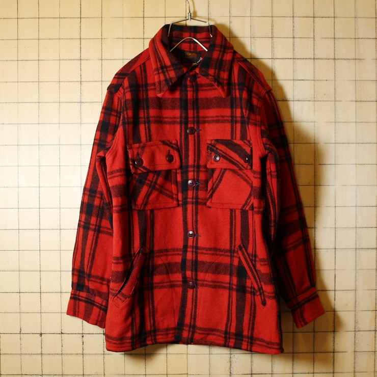 USA製 40s ビンテージ 古着 Woolrich ウールリッチ チェック ウール ジャケット レッド ブラック メンズS相当 レディースM相当