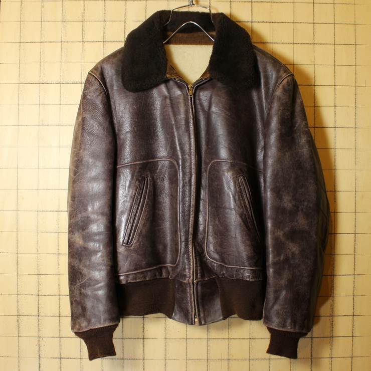 40s-50s CALIFORNIAN HORSEHIDE ブラウン レザー ジャケット 裏地ボアウール メンズML相当 馬革 古着 カリフォルニアン